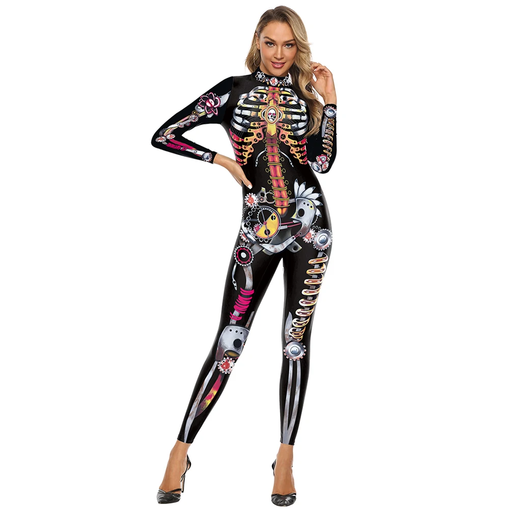 Vrouwen Halloween Feest Kostuum Coltrui Met Schedel Print Jumpsuit Met Lange Mouwen Enge Skelet Bodysuit Volwassenen Cosplay Jumpsuit