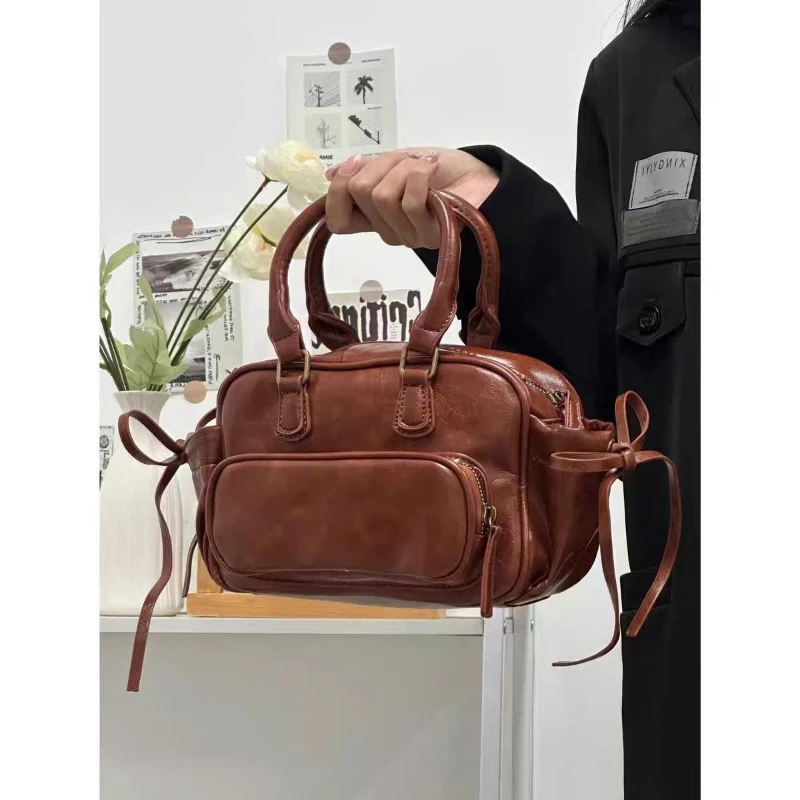 

High-end Vintage Boston Bag Autumn Winter Package Simple Solid-color School-style One-shoulder Handbag Large-capacity Backpack