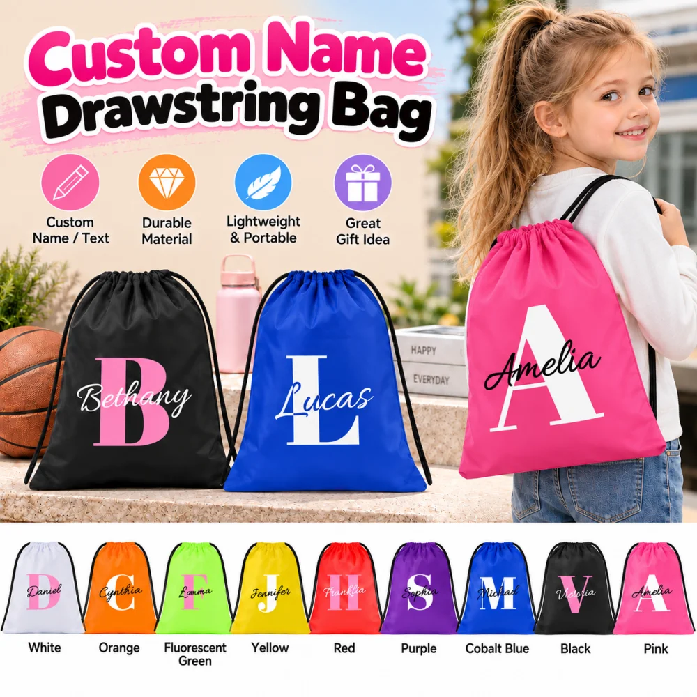 1Pc Custom Your Exclusive Name and Initials Drawstring Backpack, Lightweight Sport Bags, Gym Storage Bag,Outdoor Travel Rucksack