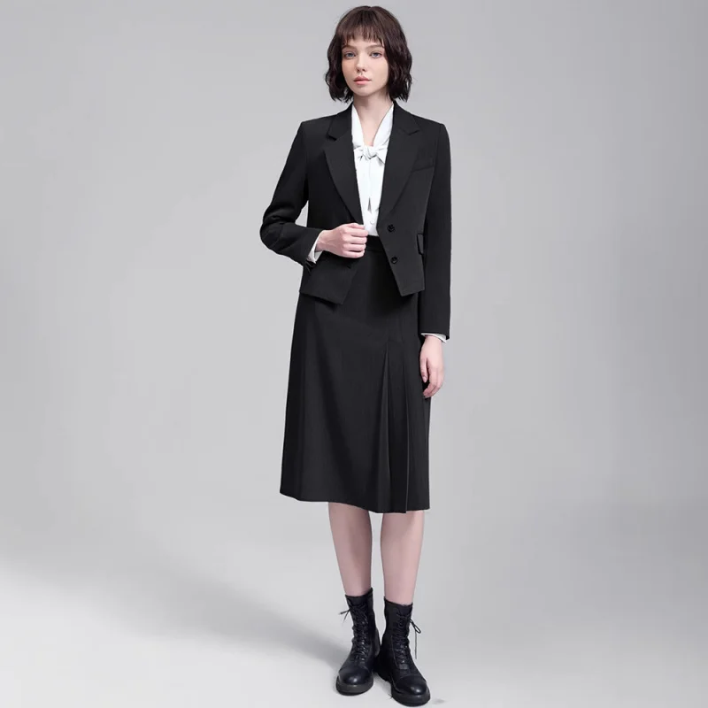 Gray high-end college-style long-sleeved blazer with a small suit collar, women's shirt, and skirt three-piece set for commuting