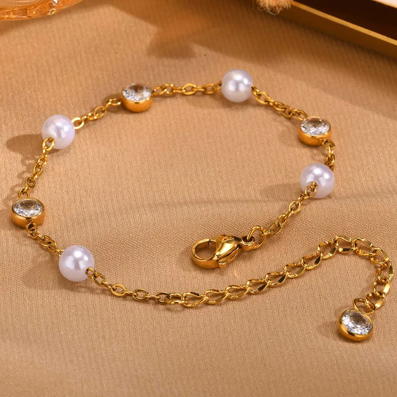 

CZ Zirconia Pearls Bracelet for Women, Minimalist Dainty Adjustable Link, Anniversary Christmas Gift