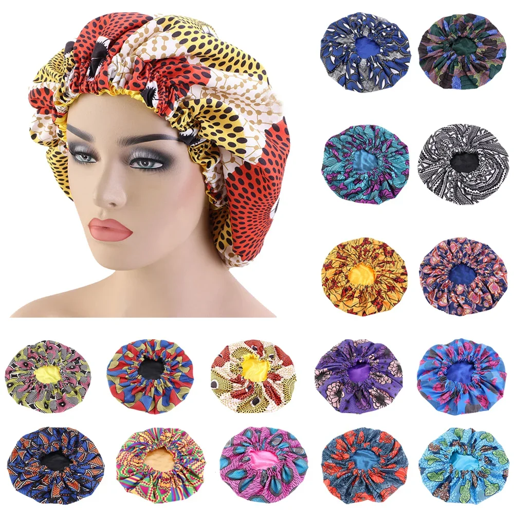 Extra Large Satin Women Beauty African Print Bonnet Sleep Night Cap Head Cover Elastic Chemo Caps Hair Loss Headscarf Hat Wraps