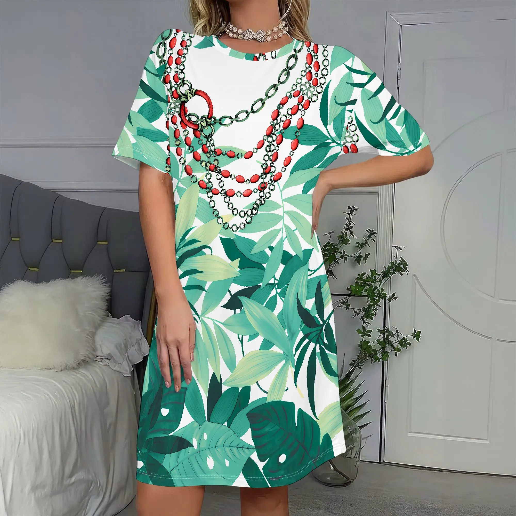 

Tropical Leaf Print, Short Sleeve Dress, V-Neck Design, Summer Fashion, Casual Wear, S-2XL