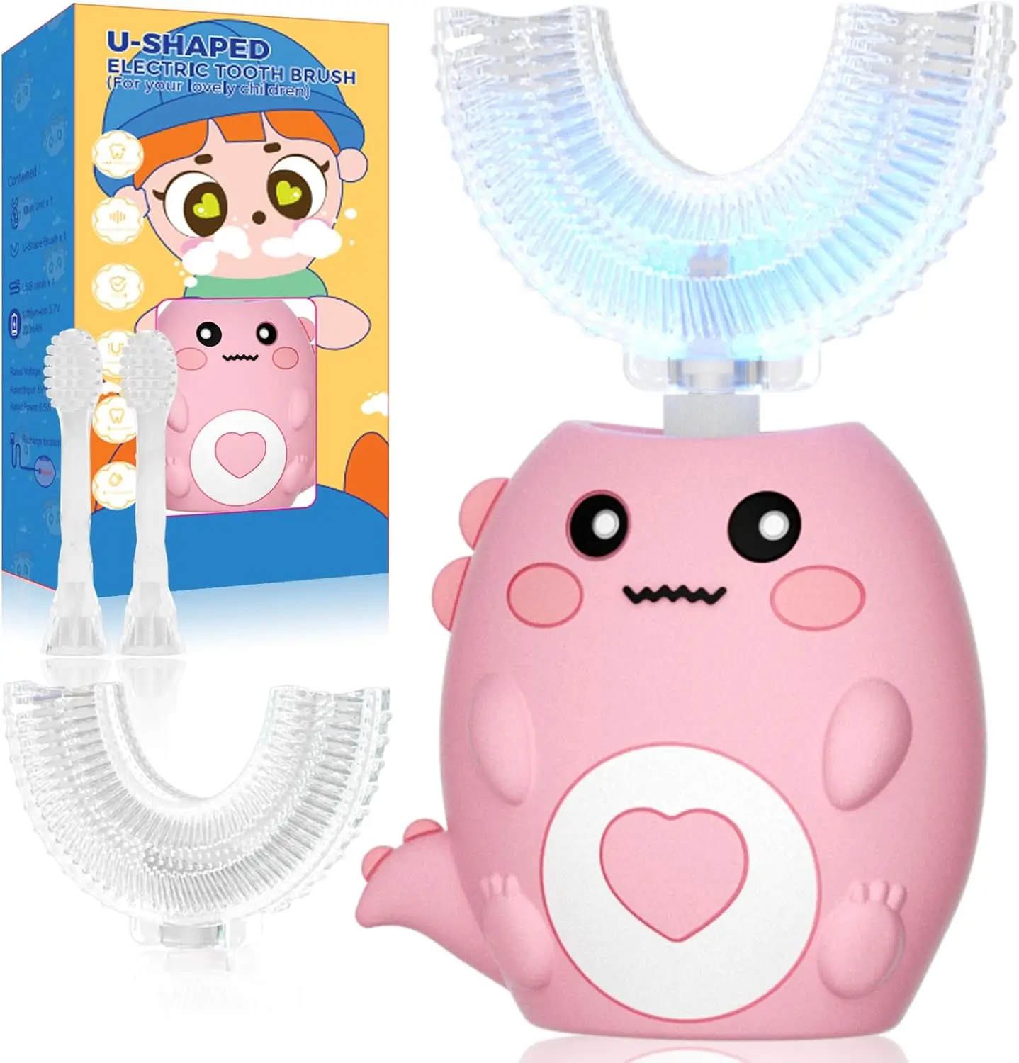 

Kids U-Shaped Electric Toothbrush, 3 Modes, 4 Heads, IPX7 Waterproof, Dinosaur Design for Ages 2-12