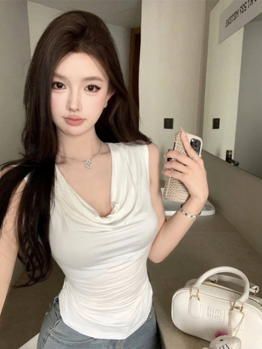 

Summer 2024 Trendy Korean Sle Irregular ter Ne Svel Top for Women Faionable Ladylike Cotton Blend Vest Top