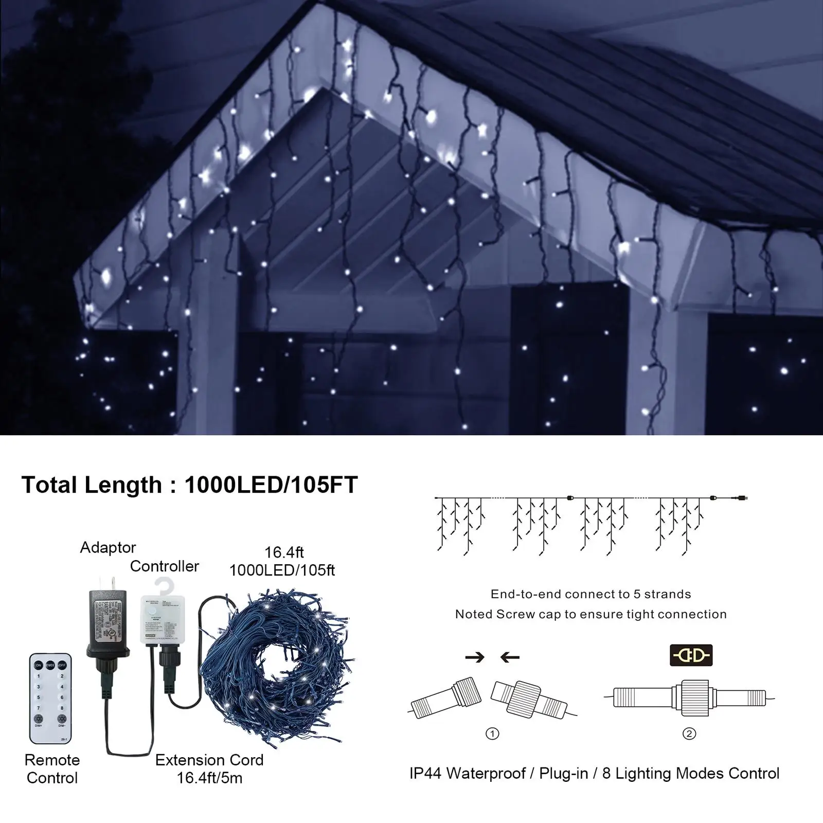 105ft 1000 Outdoor for christmas Curtain Lights - 8 Modes, 50 Drops, Waterproof, Timer & Memory Function for Holiday Decor