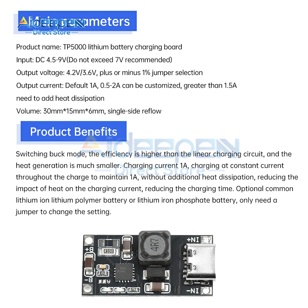 Módulo de cargador de litio tipo C TP5000 1A 4,5-9V a 4,2 V/3,6 V convertidor reductor ajustable indicadores LED protección contra sobrecalentamiento