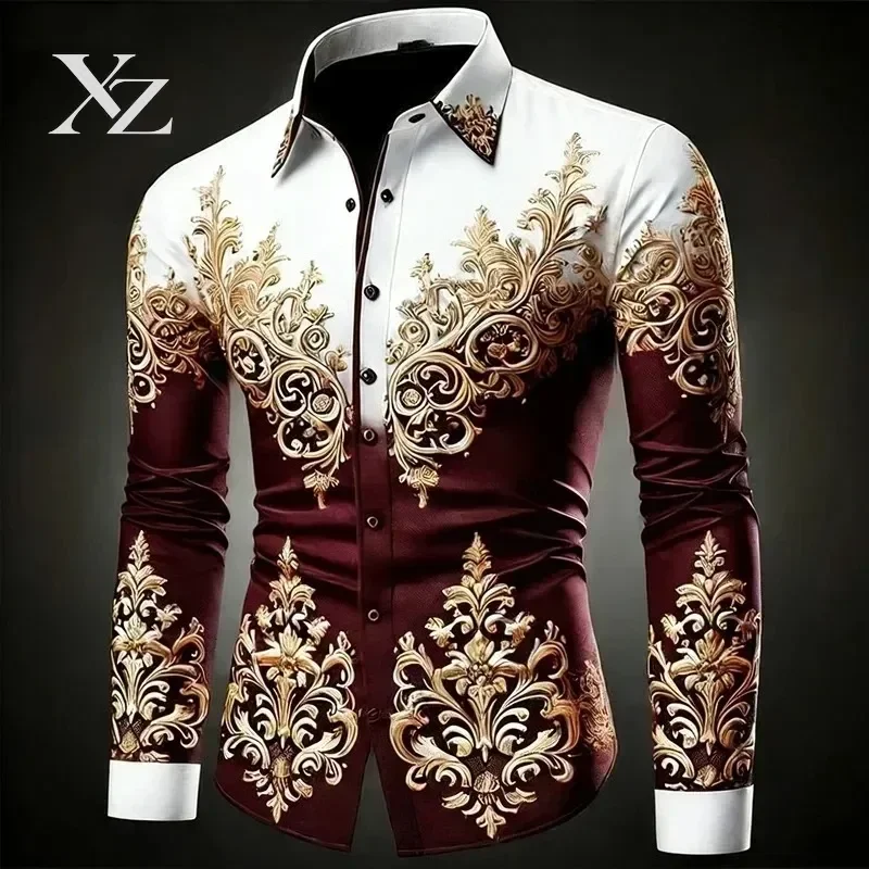 Hot Sale Men's Luxury Shirt with Retro 3D Floral Print, Long Sleeved Gold Pattern Buttons, Fashionable