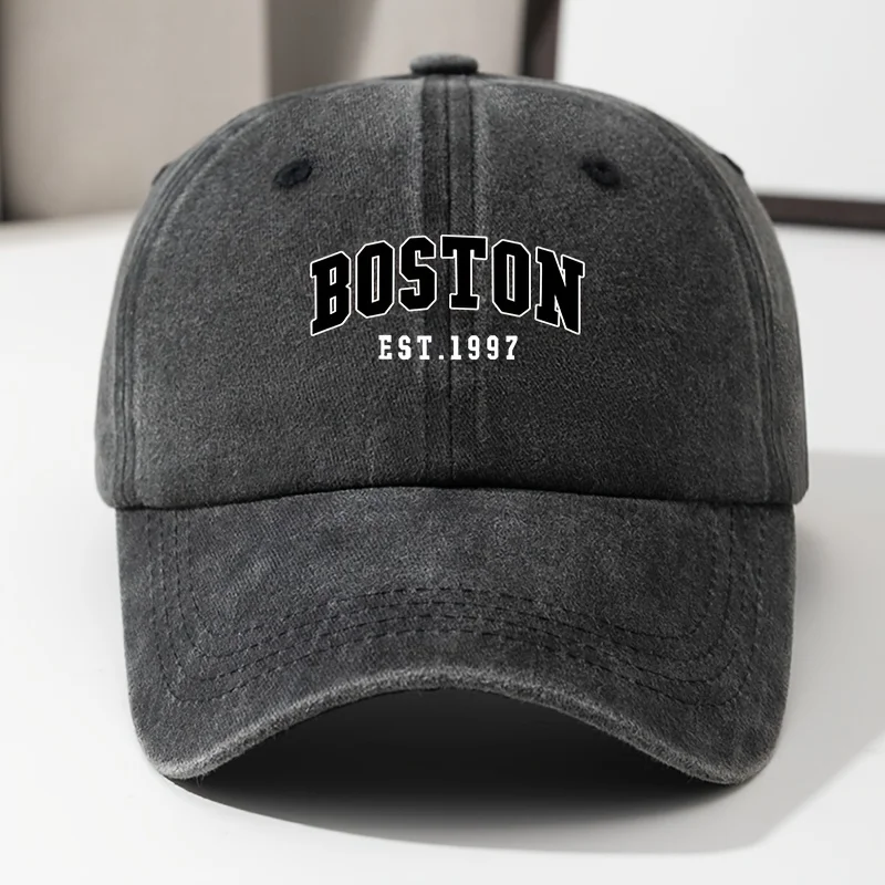

Boston EST. 1997 Adjustable, Breathable, High-Quality Baseball Cap with Vintage Wash - Black, Embossed Letter Print, Perfect for