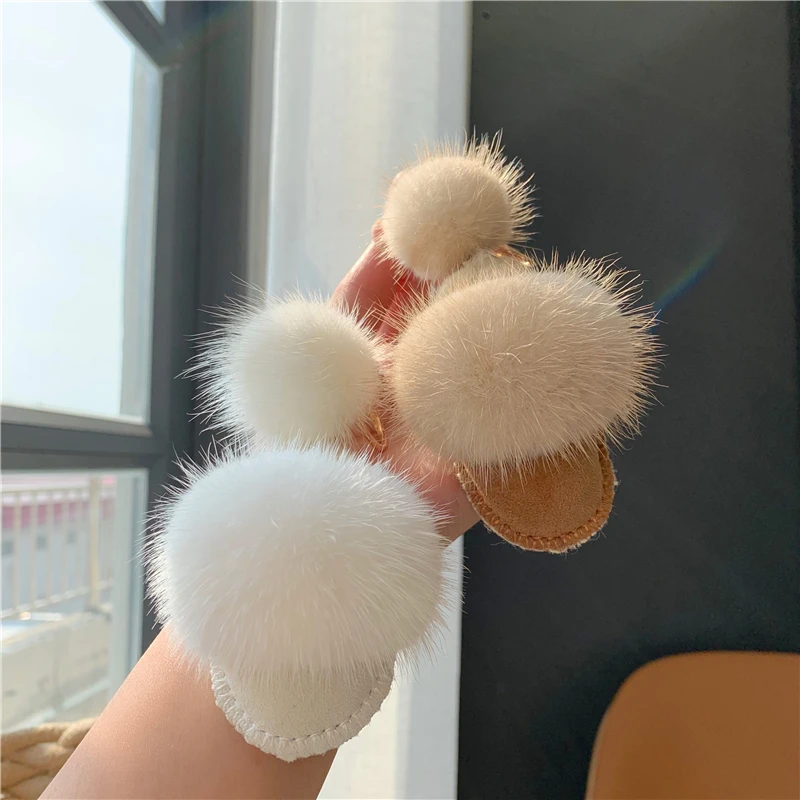 Mink Fur Pompom Genuine Real Leather Boot Shoe Slippers Keychain Women Car Key Chain Fluffy Bagpack Accessories Pendant