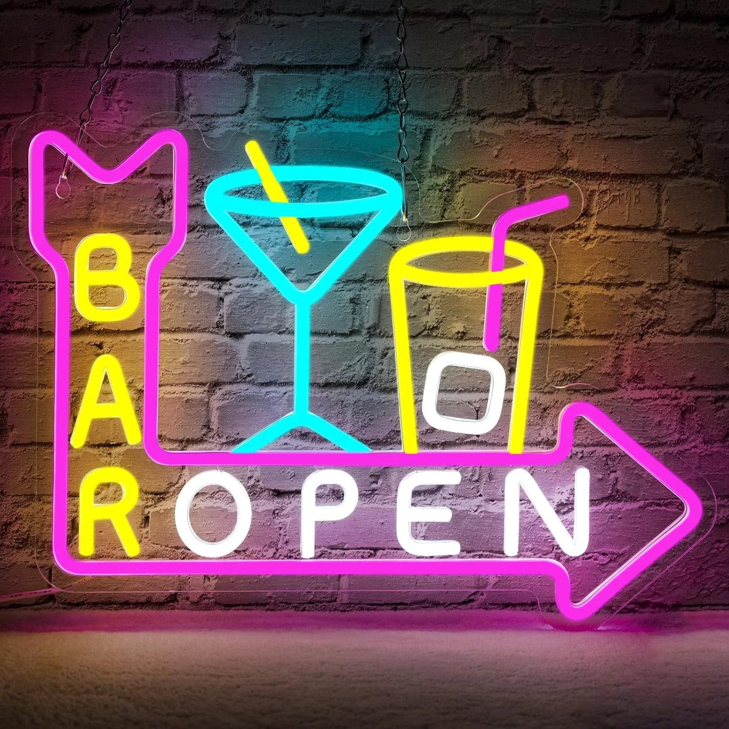 Bar Open LED Neon Sign Colorful Cocktail Arrow USB Powered Dimmable Wall Art for Pub Restaurant Party Home Decor