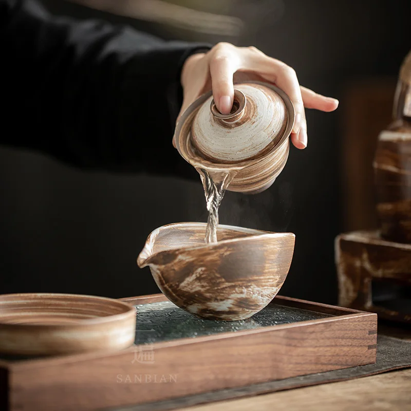 Powder Drawn Coarse Pottery Handmade Thin Tire Large Three Piece Lid Bowl Tea Cup Heat-Resistant Ceramic Single Kung Fu