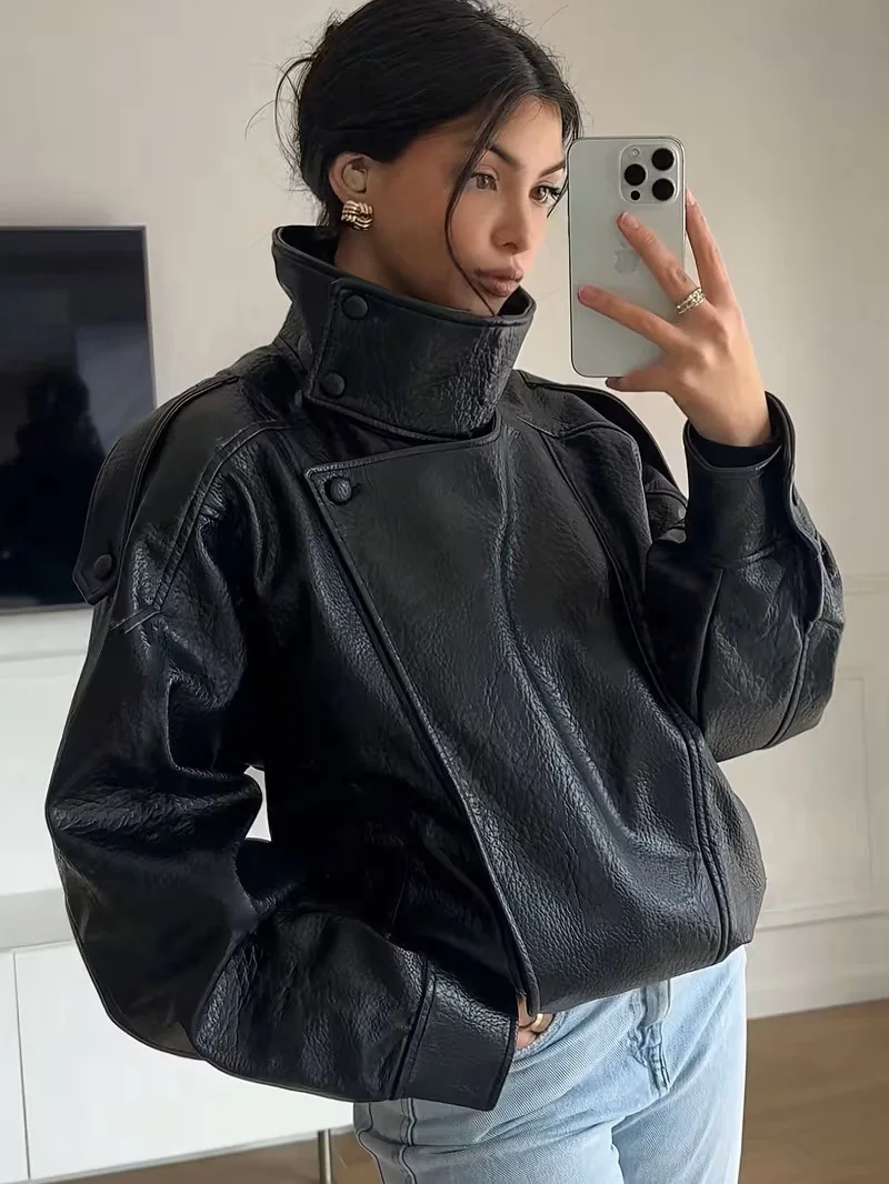 Women's Jacket 2026 Autunm Winter New Black Long Sleeve Pebble Faux Leather Jacket Motorcycle Style Personality Fashion