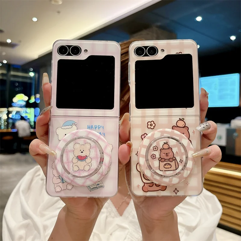 

Cute Bear Magnetic Braceket Phone Case For Samsung Galaxy Z Flip 7 FE 5 6 Magsafe Wireless Charging Shockproof Cover