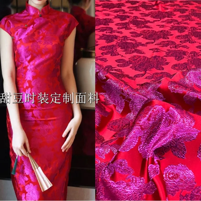 Yarn Dyed Jacquard Brocade Fabric with Chinese Style Retro Elegant Peony Three-dimensional Dress and Cheongsam Cloth by the Yard