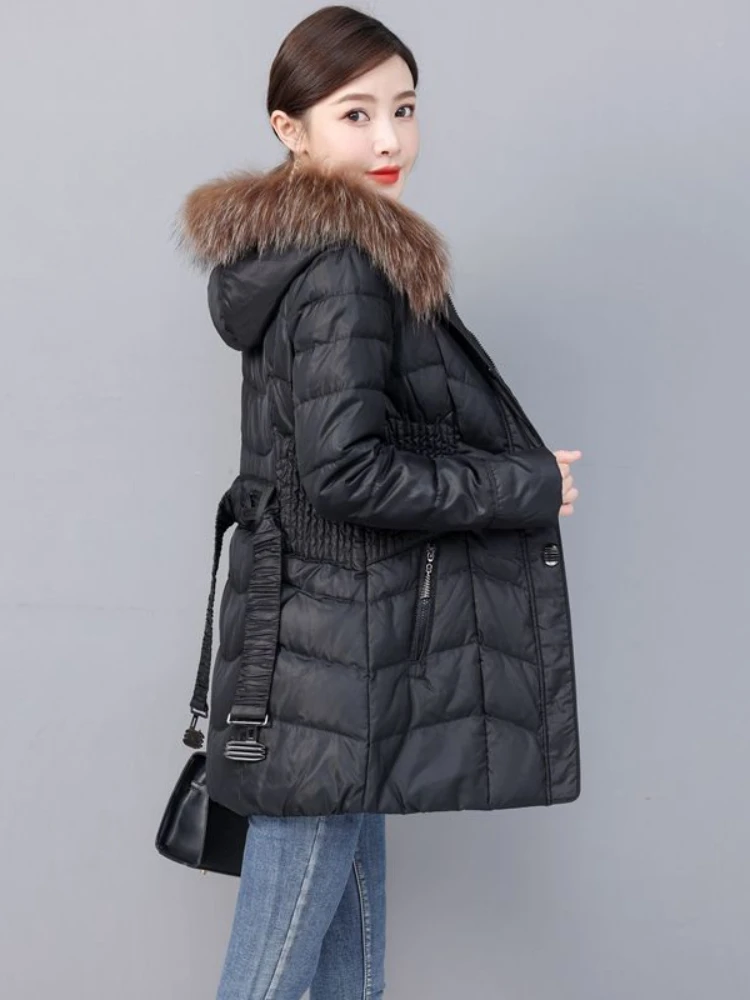 2023 Winter Parkas Women\'s Medium Length Slim Casual Raccoon Fur Collar Hooded Warm Down Jackets Female Coats Women