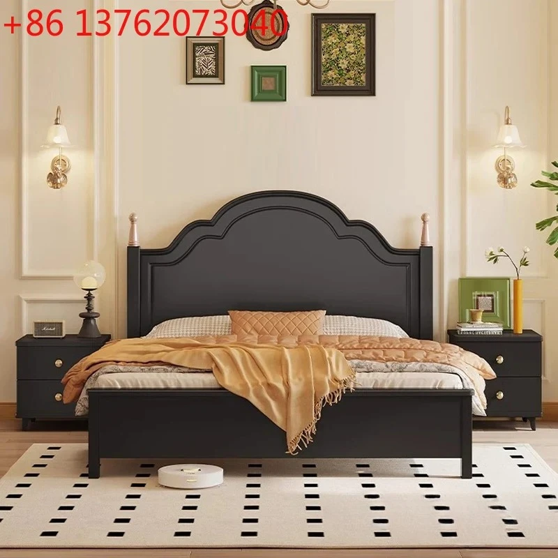 

French retro black all solid wood bed, American master bedroom 1.8 meters double bed