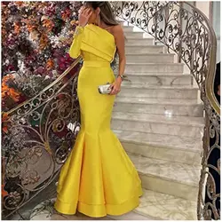 Vestido de noche amarillo para mujer, vestidos de noche muy elegantes personalizados para boda, bata de satén, vestidos largos y suaves para fiesta