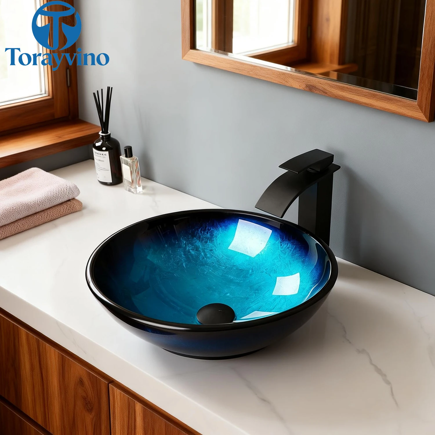 Torayvino Bathroom blue Tempered Glass Sink Oval Washbasin Faucets Combo Toilet Basin vessel Sink Set Washhand stand outdoor tap
