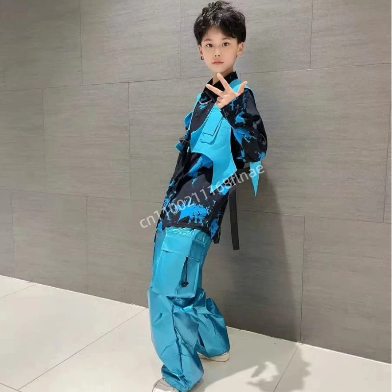 زي أداء الرقص في الشوارع للأطفال، مجموعة سترة صبغ التعادل الزرقاء الهيب هوب للأولاد، زي أداء رقص الجاز للفتيات