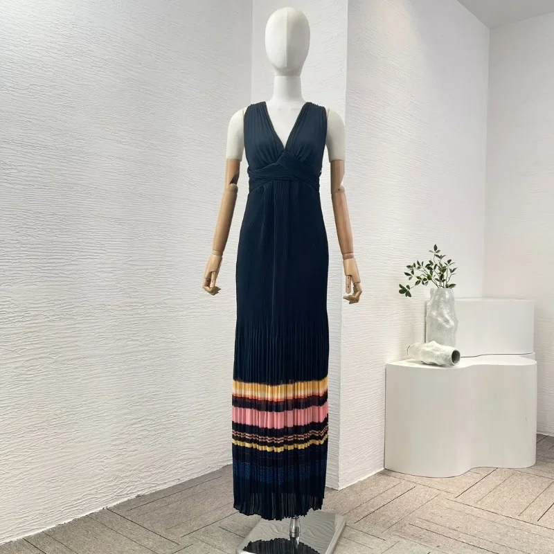 Women's Sleeveless Deep V Neck Tube Dress Multicolor Striped Midi Dress Sexy Party Dress New High Quality