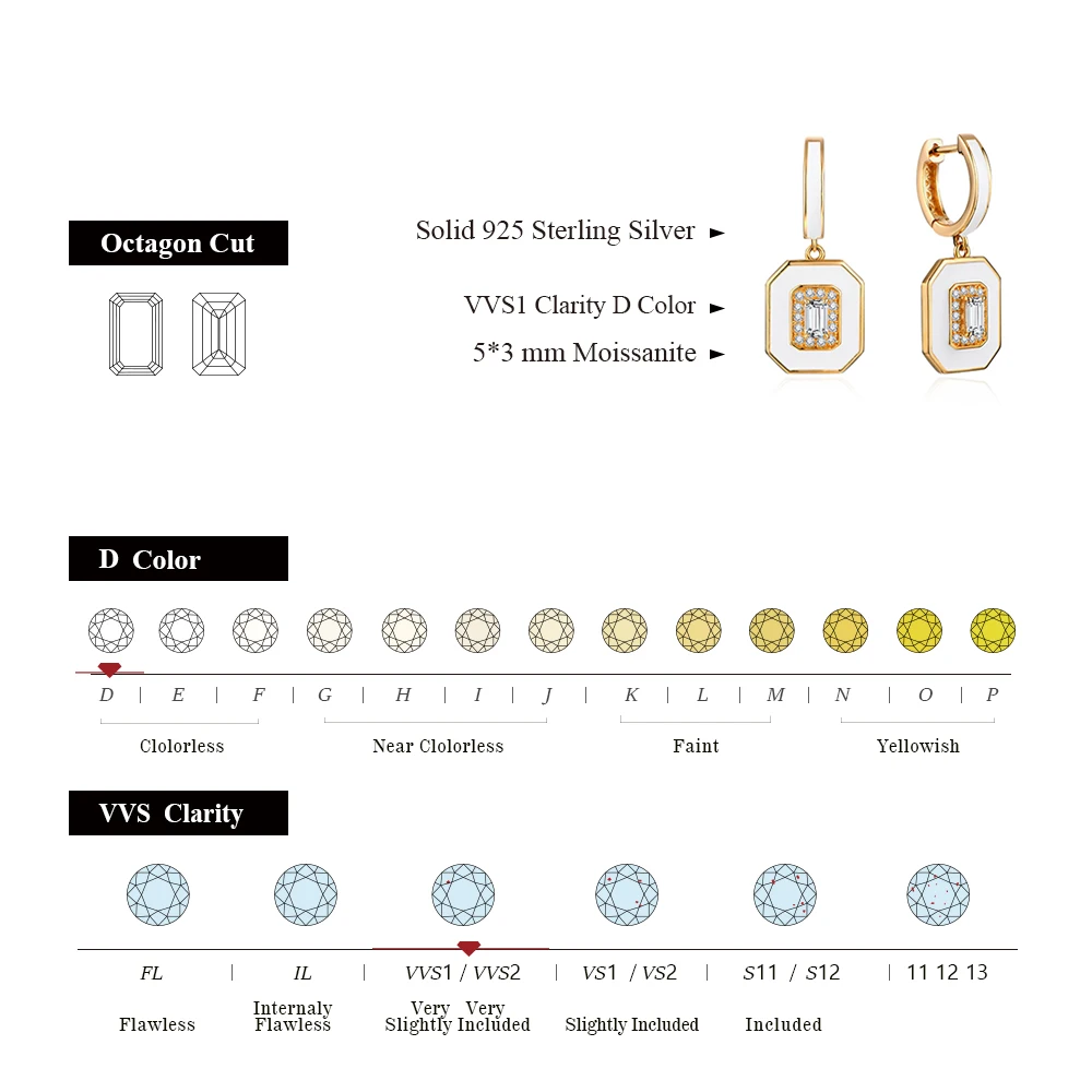 ATTAGEMS Octagon Cut 5*3mm Moissanite Earrings for Women 100% 925 Sterling Silver Top Quality Stud Earrings Sparkling Wedding