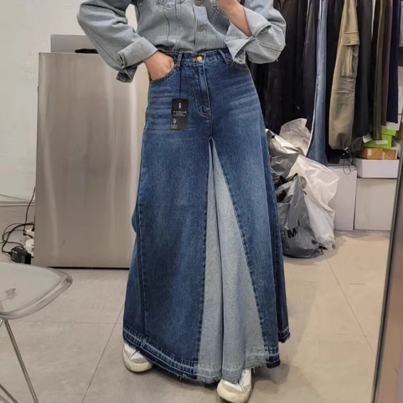 

SuperAen 2024 Korean Chic Autumn/winter Niche Design High Waisted Patchwork Large Contrasting Wide Leg Jeans