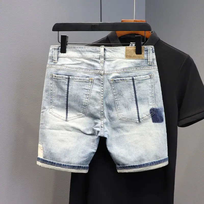 Summer Casual Denim Knee Length Jeans Shorts Men Solid Vintage Washed Cowboy Streetwear Patchwork Fashion Skinny Cropped Pants