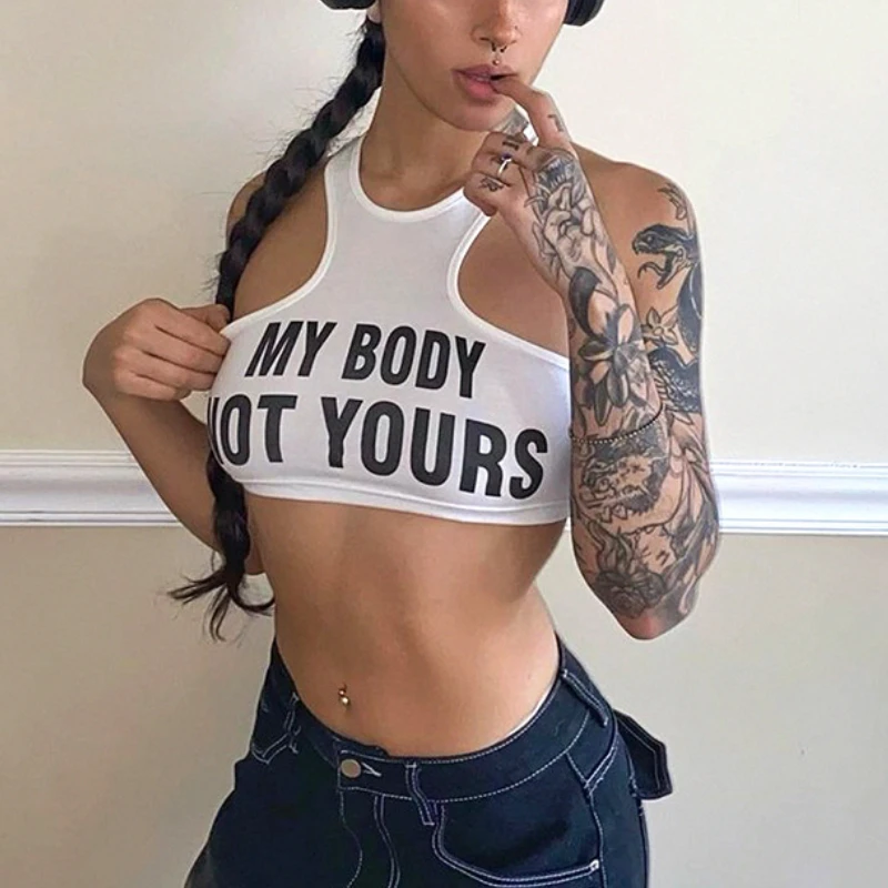 

Women's Y2k Top Fashion Sexy Letter Printed T-Shirt Ladies Sleeveless Tank Top U Neck Small Tank Top Mujer Solid Slim Hollow Tee