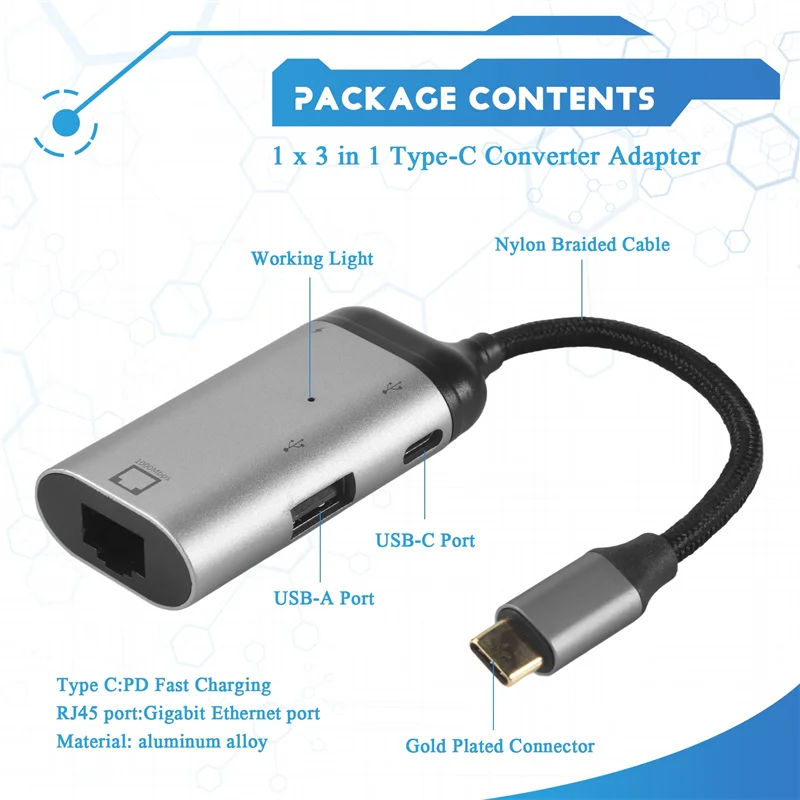 AEE7-3 In 1 Type-C To Gigabit Ethernet Rj45 Lan PD Charging USB C Data Port Converter Adapter For TV PC   S20