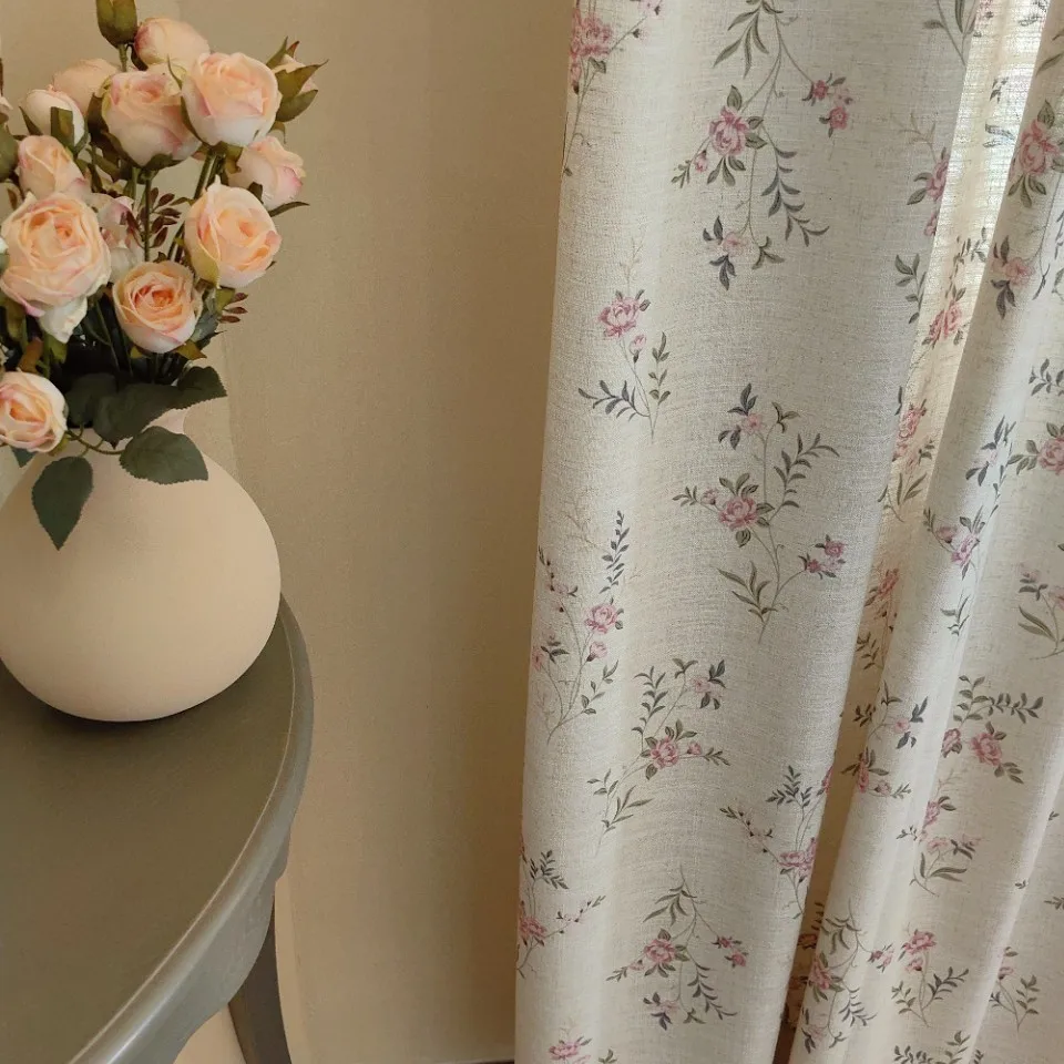 

French American pastoral floral high-end cotton and linen semi-shading printed curtains cloth window screen finished curtains