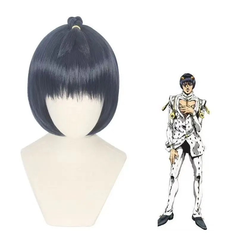 Bruno Bucciarati Cosplay Wig Dark Blue Short Bob Wig Heat Resistant Matte Synthetic Hair for Halloween Party Comic Con Role Play