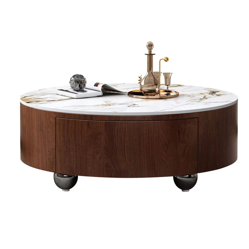Round coffee table with sintered stone countertop, modern living room centerpiece