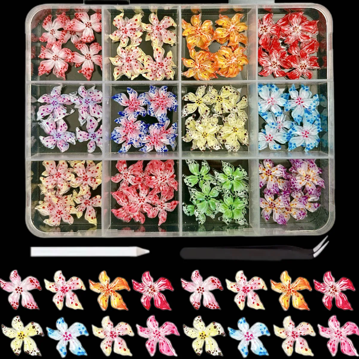 1 scatola di decorazioni creative per unghie in resina con fiori maculati morbidi, colori multipli, ciondoli floreali per unghie dolci ibisco per manicure fai da te