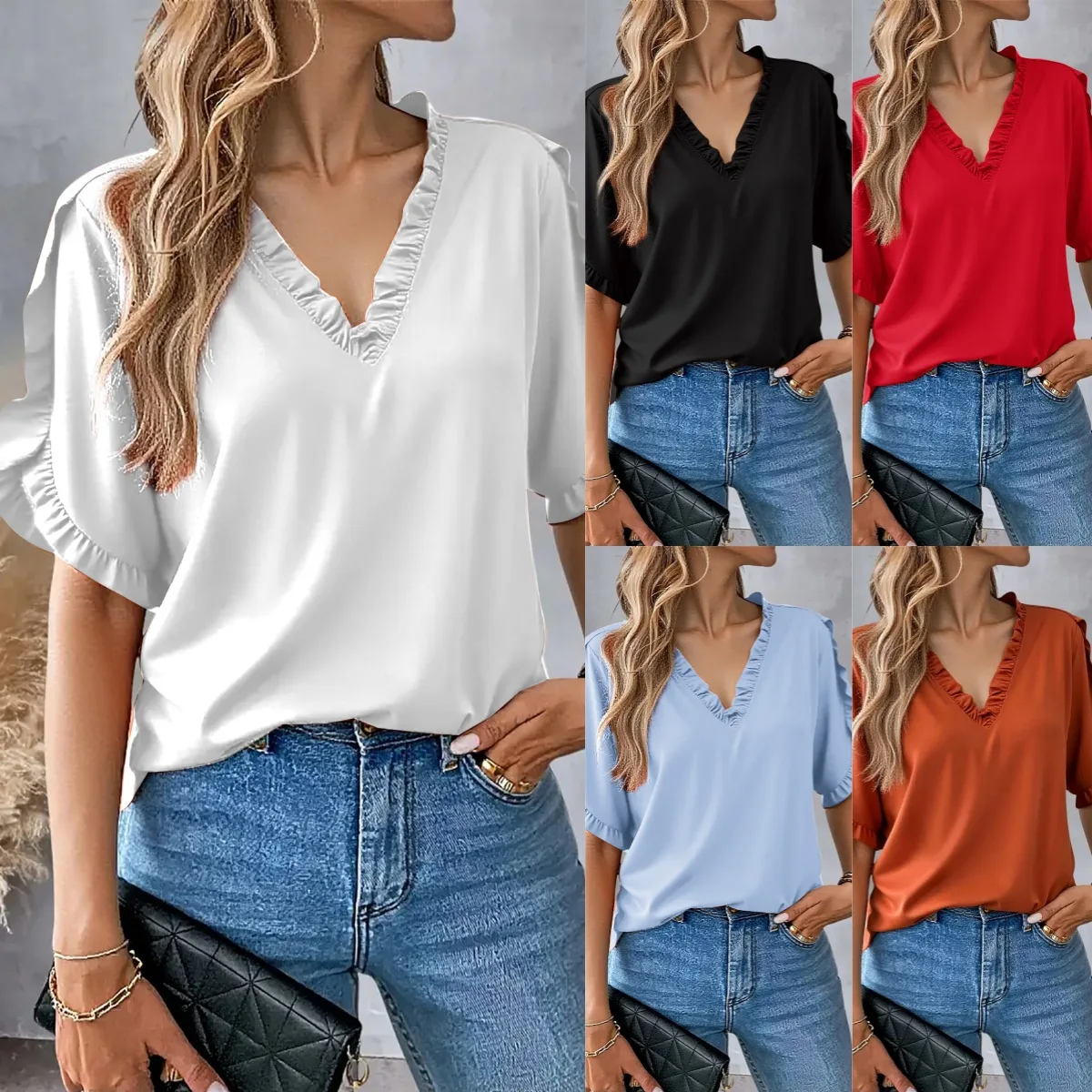 

2025 Summer Women's Shirt V-neck Ruffle Red Fashion Top Black Casual White Basic Half-sleeved Blouse for Female