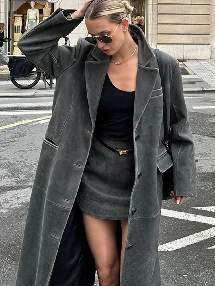 Turn-Down Collar Split Coats Woman Single Breasted Straight Minimalist Women's Long Top Loose Long Sleeves Casual Women's Jacket