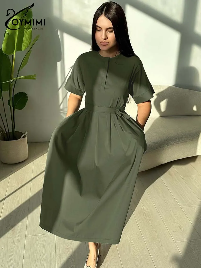 

Oymimi Elegant Green Loose Dresses 2025 Woman Fashion O-Neck Short Sleeve Button Dress Autumn Lace-Up Mid-Calf Dress Streetwear