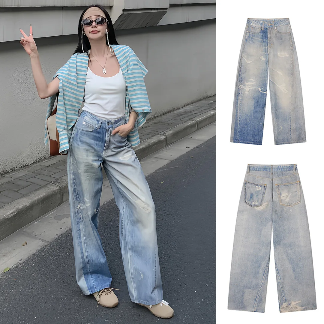 

Firmranch Gradient Blue Laser Printed Wide Leg Jeans For Women Autumn/Wnter Denim Pants Baggy Retro Straight Mopping Trousers