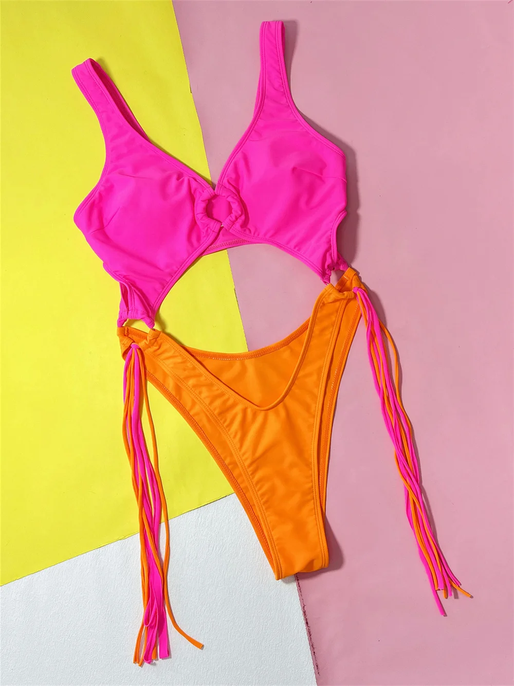 

High Leg Cut Hollow Out Bikini Fringe Rings Extreme Monokini Patchwork Swimsuit Women Y2K Rose Red Orange Beach Bathing Swimwear