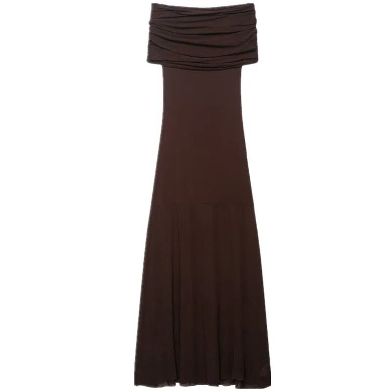 E Vestido Largo de Punto, Nuevo Otoño 2025, Moda Femenina, Hombro Caído, Casual, Manga Corta, Otro Material 00%