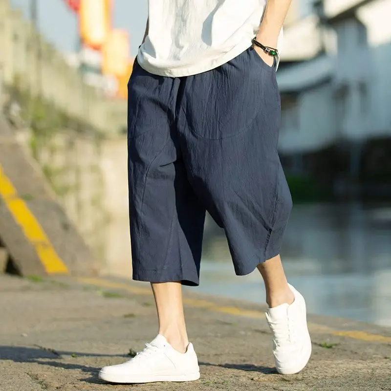 

Summer Thin Cotton Linen Men's Loose Fit Seven-Foot Pants Wide Leg Casual Trousers Comfortable plus Size orts Trendy Faion