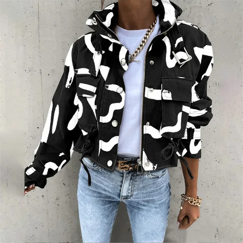 Fashion Print Snap Button Zipper Cardigan Jackets Women Patchwork Pockets Decoration Outerwear Autumn Winter Female Casual Coats