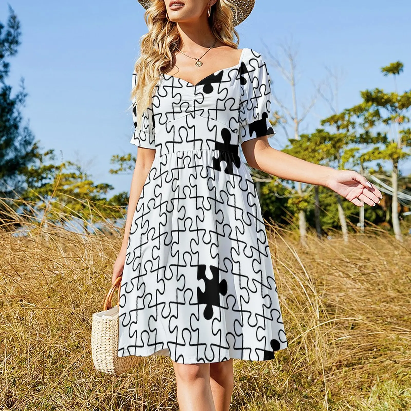 The Missing Piece - Abstract Jigsaw Puzzle Black and White Short Sleeved Dress women long dresses dresses for women Dress