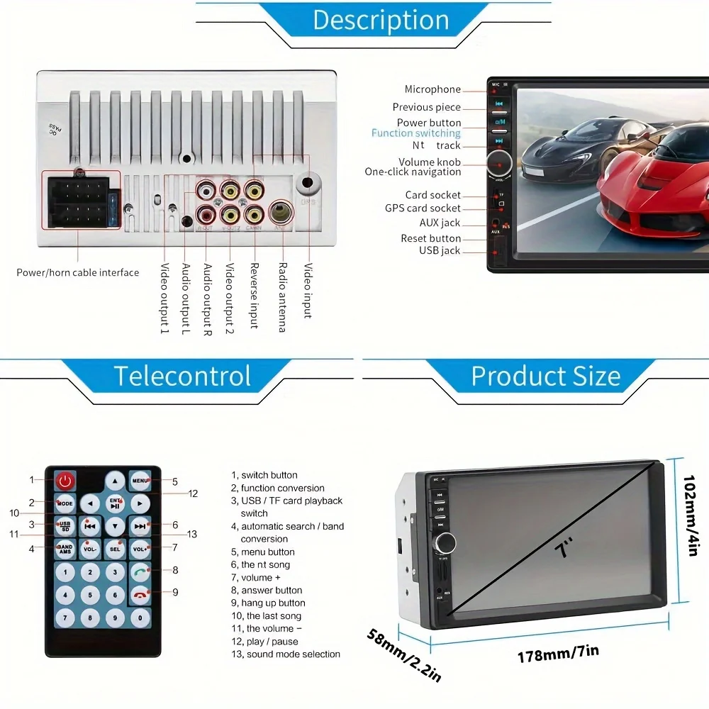 Double Din Car Stereo Featuring a 7-Inch HD Touchscreen Digital Display, MP5 Player, Wireless Multimedia Capabilities