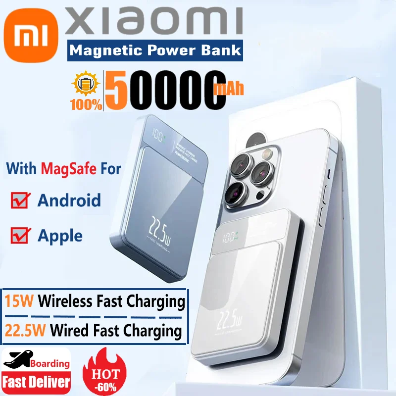 Xiaomi 50000mAh Magnetic Portable Power Bank 15W Wireless 22.5W Fast Charger Rechargeabl External Battery for iPhone Samsung New