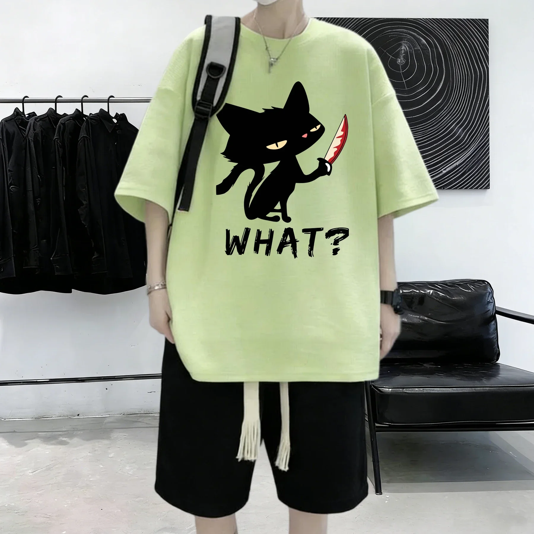 What The Cat With A Knife Prints Street T Shirt Man Casual O-Neck Short Sleeve Cotton Summer Clothes Fashion Loose T-Shirts