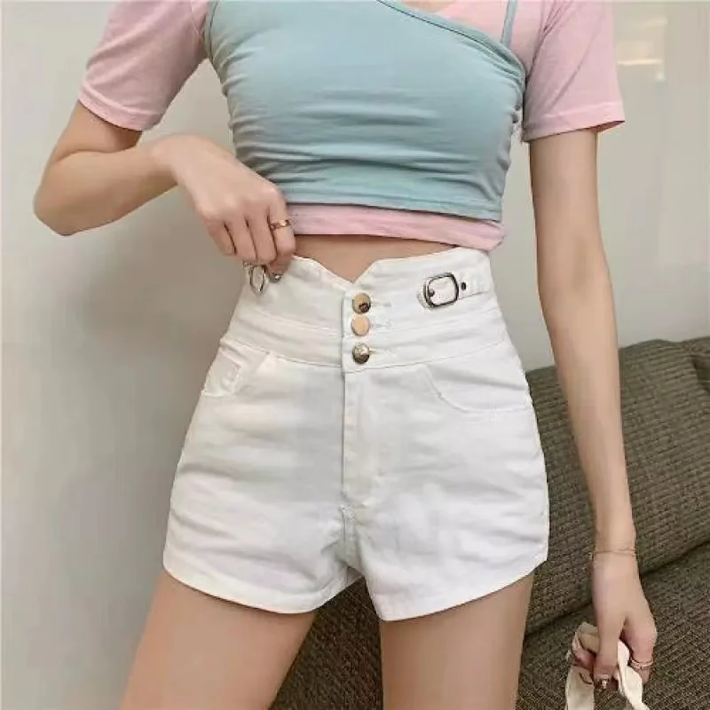 

2023 Korean Fashion Women's Pants Summer Vintage Clothes Lady Jeans High Waist Design Tight Fit Bag Hip Wide Leg Women Shorts