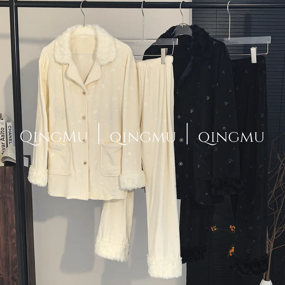 

Женский пижамный комплект из 2 предметов, зимняя теплая бархатная одежда для сна, домашняя одежда, свободная повседневная пижама с длинными рукавами, костюм для дома