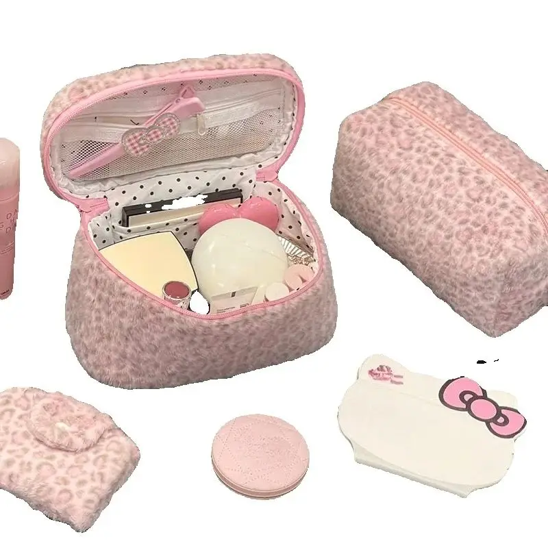 Wear-resistant Travel Toiletry Organizer Cute Storage CasePink Leopard Print Faux Fur Cosmetic Bag Women Plush Makeup Pouch