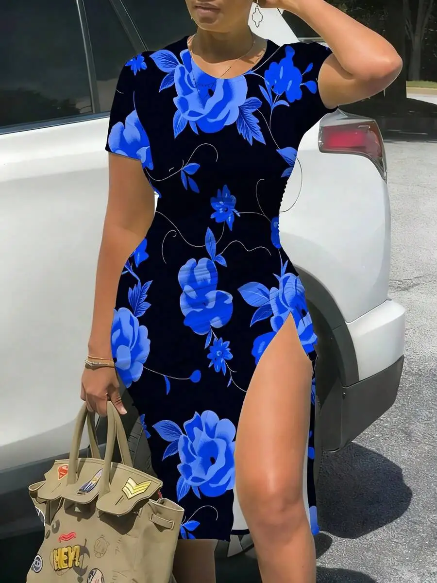 

Womens Short Sleeve Fitted Midi Dress With Side Slit Blue Floral Print On Black Knit Fabric